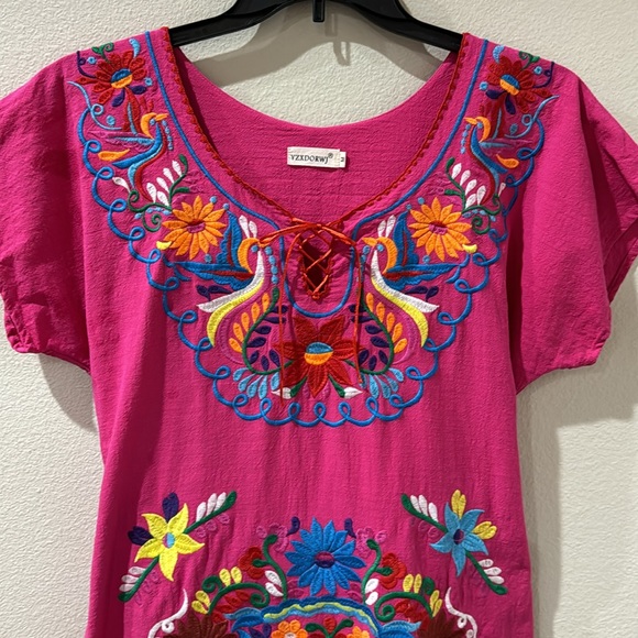 Mexican Embroidered Fiesta Dress V Neck Dress Short Sleeve w/ waist tie Size Med - Picture 6 of 9